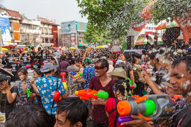 Chiangmai, Thailand - April 15, 2016: People celebrate Songkran Festival Day in old city of Chiangmai
