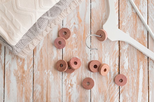 Wooden round cedar rings for hangers for moth protection. Top view.