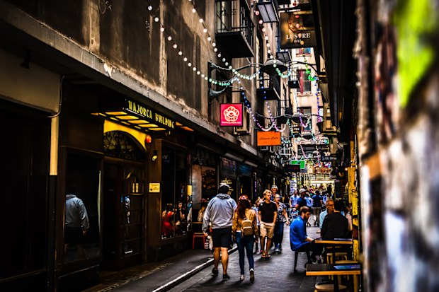 Melbourne, Victoria, Australia, December 21st 2019: Centre Place laneway in the city centre of Melbourne was multicoloured string lights installed for the christmas season.
