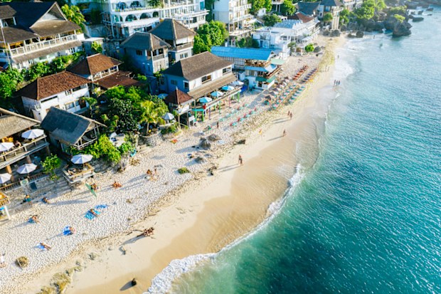 Warungs, cafes and bars on the Bingin Beach, view from above. Bali
