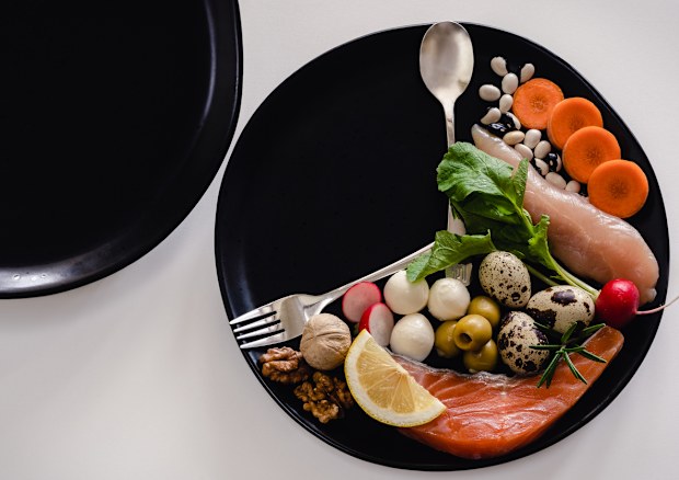 Intermittent fasting method - sixteen hours diet, eight hours eating time. Healthy lifestyle concept. Close-up, copy space, top view.