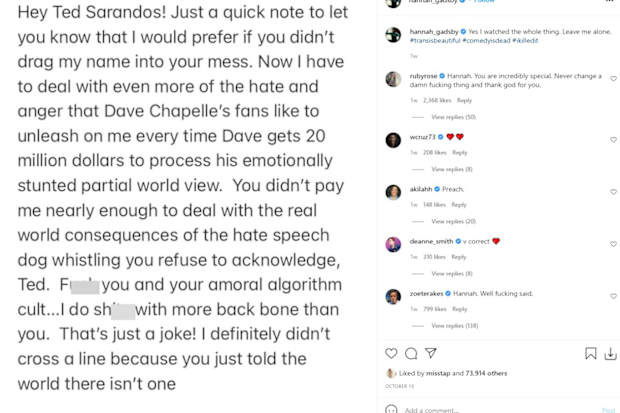 Hannah Gadsby fans are not happy with Dave Chappelle for saying she's not funny.