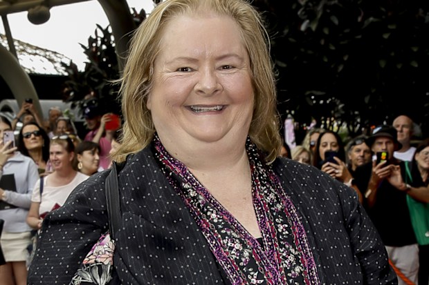 Magda Szubanski arrives at State Memorial Service for Olivia Newton-John at Hamer Hall on February 26, 2023 in Melbourne, Australia. 