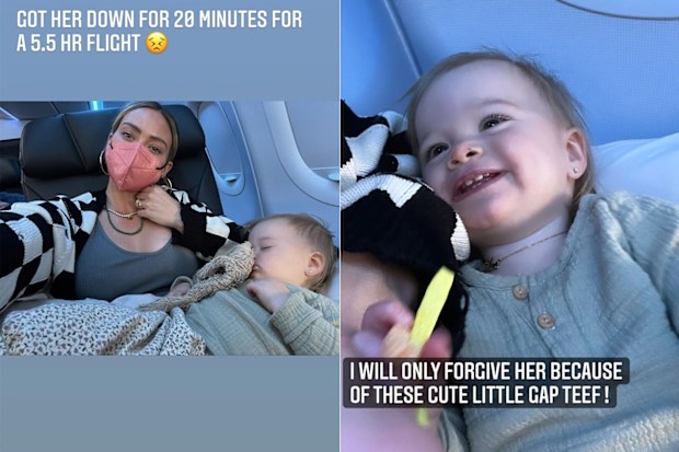 Hilary Duff on flight with daughter Mae. 
