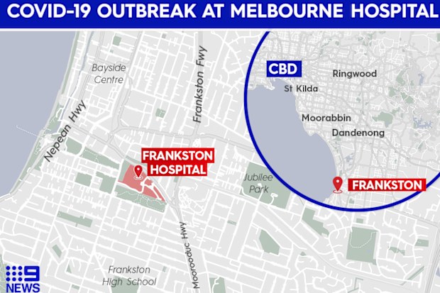 Location of Frankston Hospital, in Melbourne, Victoria, where a new cluster outbreak has occurred. 