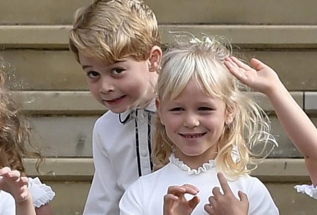 Princess Charlotte, Savannah Phillips, Maud Windsor, Prince George, Isla Phillips, Theodora Williams and Mia Tindall at the wedding of Princess Eugenie of York to Jack Brooksbank at St. George's Chapel on October 12, 2018.