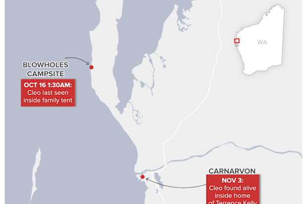 Map shows where Cleo Smith was taken and found.