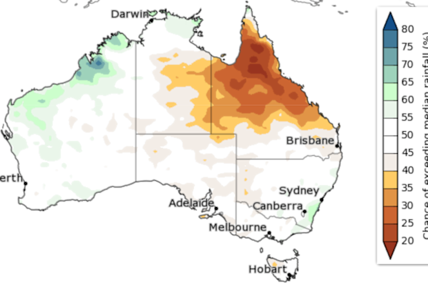 A weather map of Australia showing different parts of the country's chances of recording median rainfall for autumn.