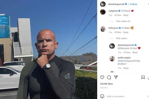 Tish Cyrus and Dominic Purcell shared this flirty exchange on Instagram in August.