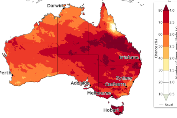 A weather map showing Australia and the chances of parts of the country recording extremely hot autumn temperatures.