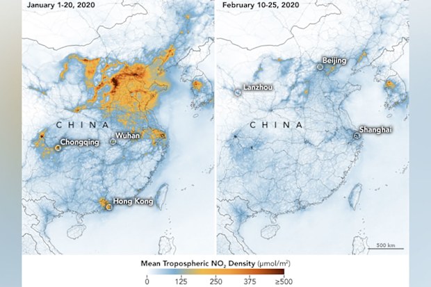 The satellite images have detected a significantdecreases in nitrogen dioxide over China.