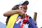 PARIS, FRANCE - JULY 31: Gold medalist Jessica Fox of Team Australia celebrates with her coach Richard Fox following the Women's Canoe Slalom Single medal ceremony after the Canoe Slalom Women's Canoe Single Final on day five of the Olympic Games Paris 2024 at Vaires-Sur-Marne Nautical Stadium on July 31, 2024 in Paris, France. (Photo by Alex Davidson/Getty Images)