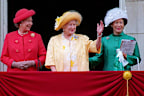 LONDON, UNITED KINGDOM - MAY 08:  Queen, Queen Mother And Princess Margaret On Balcony At Buckingham Palace.  (Photo by Tim Graham Photo Library via Getty Images)