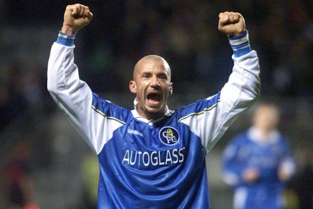 THIS PICTURE CAN ONLY BE USED IN THE CONTEXT OF AN EDITORIAL FEATURE. Chelsea's Gianluca Vialli celebrates his teams win over Newcastle Utd. at St. James Park in their Premership match today (Saturday). PHOTO OWEN HUMPHREYS/PA   (Photo by Owen Humphreys - PA Images/PA Images via Getty Images)