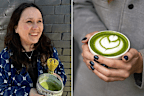 Left: Amber holding a freshly whisked cup of matcha, supplied. Right: Matcha latte.