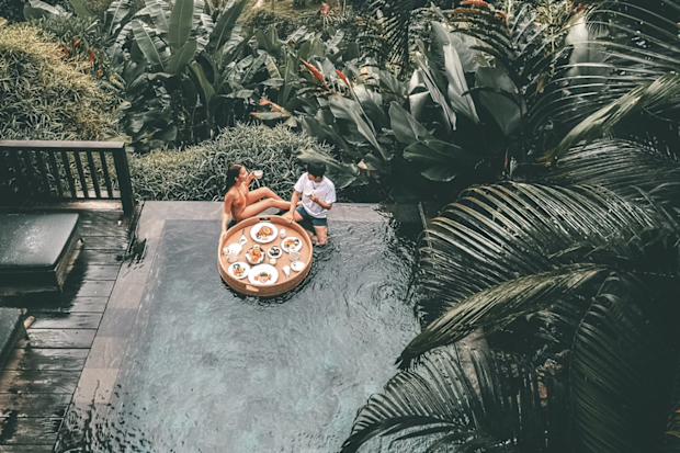 Floating breakfast tray in Bali luxury hotel