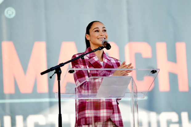Cara Santana speaks during Women's March Action: March 4 Reproductive Rights at Pershing Square on October 02, 2021 in Los Angeles, California.