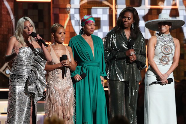 Lady Gaga, from left, Jada Pinkett Smith, Alicia Keys, Michelle Obama and Jennifer Lopez speak at the 61st annual Grammy Awards on Sunday, Feb. 10, 2019, in Los Angeles. (Photo by Matt Sayles/Invision/AP)