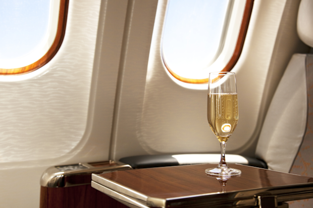 Business class seat with champagne