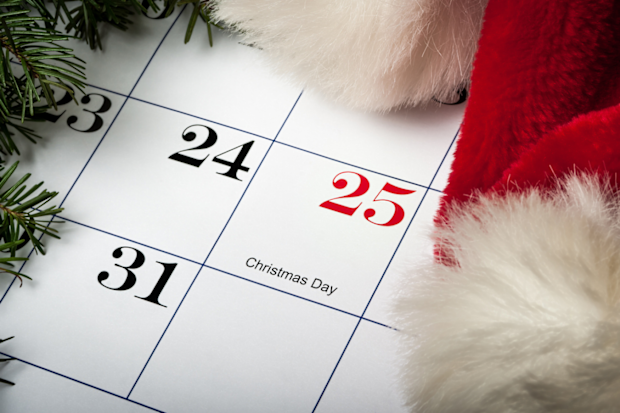 Christmas Day on a calendar