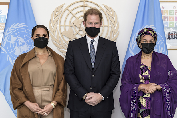 US Deputy Secretary-General Amina Mohammed, right, Meghan Markle, left, and Prince Harry stand together for a photo during a visit to UN headquarters