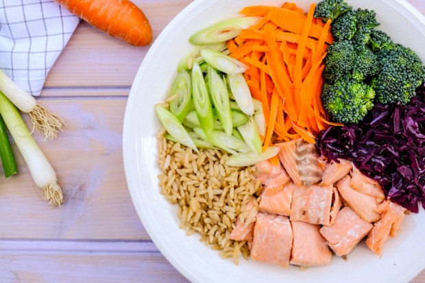 Healthy protein bowl with brown rice, salmon, broccoli