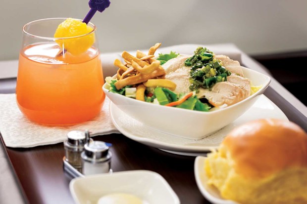 Hawaiian Airlines business class A330 in-flight meal and signature mai tai cocktail