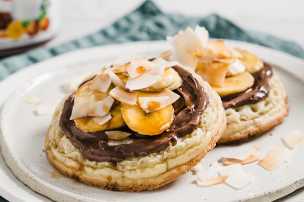 Crumpets with Nutella, caramelised banana and toasted coconut