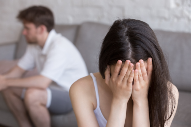 Couple having fight, woman upset with partner, relationships stock image