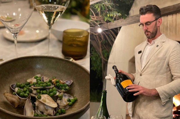 Hotel Clicquot David Moyle Garden Gastronomy dinner. Pictured: Coal-fired pippies with peas and butter. Sommelier Seamus Brandt pours a  jeroboam of La Grande Dame 1990