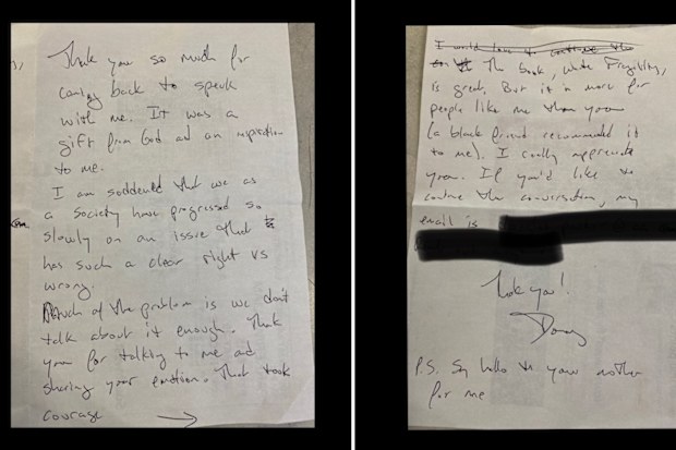 Parker scribbled a note to Sullivan before deplaning, expressing his gratitude and pleasure at having met and spoken with her.
