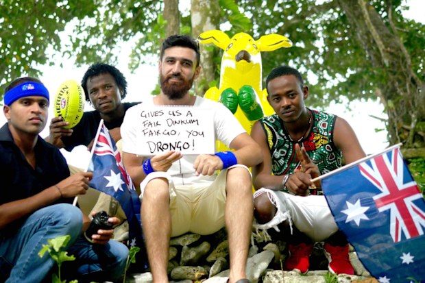 Shamindan Kanapathi (left), who has spent five-and-a-half years on Manus and Abdul Aziz Muhamat (second from left), Amin Abofotila (second from right) and  Omar Mohommed Jack, who have all spent six years on Manus.