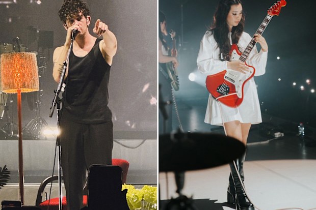The 1975's frontman Matty Healy performing in Sydney (left) and Wallice performing the same evening (right).