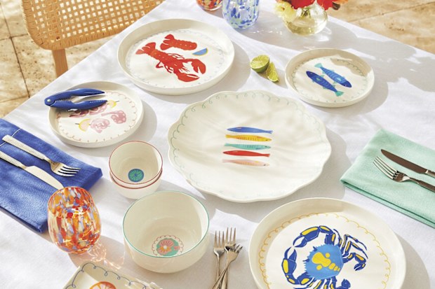 Crofton seafood dinnerware from Aldi, In the Roundhouse dupes plates and bowls styled on table