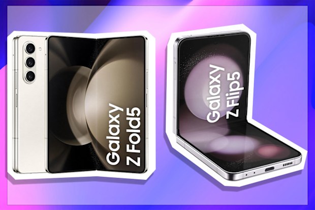 9PR: Samsung Galaxy Z Fold5. Cream and Samsung Galaxy Z Flip5, Lavender