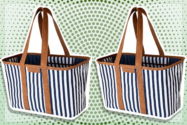 9PR: CleverMade 30L SnapBasket Reusable Collapsible Grocery Shopping Tote Bag, Navy Striped