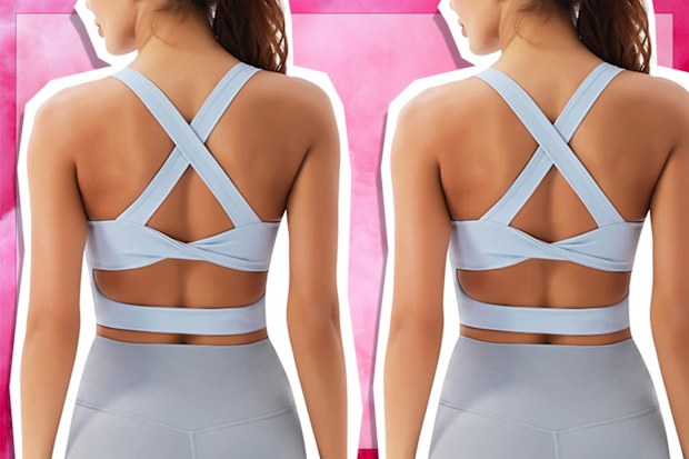 9PR: Blue sports bra with twisted back.
