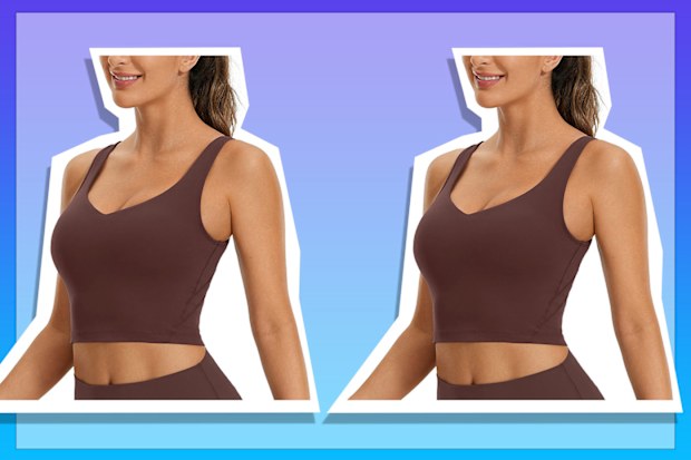 9PR: CRZ YOGA Butterluxe Womens V Neck Longline Sports Bra - Padded Workout Crop Tank Top with Built in Bra