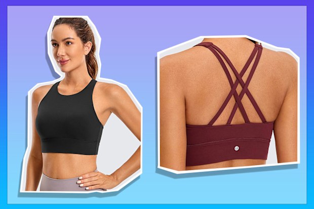 9PR: CRZ YOGA Womens Butterluxe Strappy High Neck Longline Sports Bra - Padded Criss Cross Back Workout Sports Bras Crop Tank Top