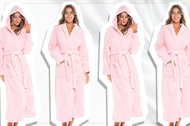 9PR: Alexander Del Rossa Fleece Hooded Robe, Pink Rose Quartz