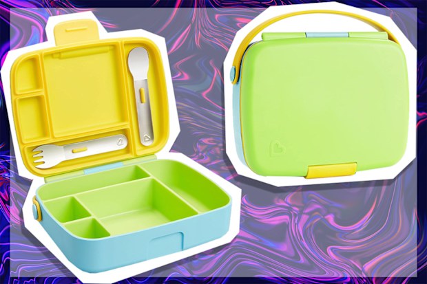 9PR: Munchkin Lunch Bento Box with Utensils, Green, blue and yellow