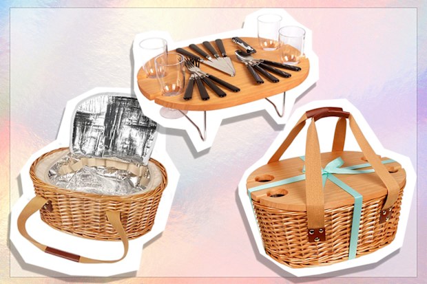 Hap Tim Wicker Picnic Basket Set for 4 with Mini Folding Wine Picnic Table & Large Insulated Cooler Bag & Cutlery