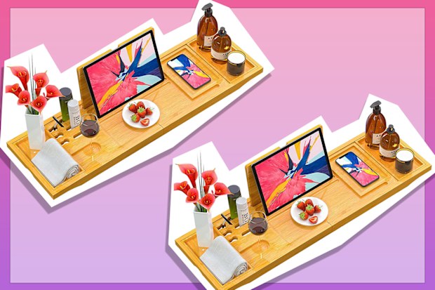 9PR: Bamboo Bathtub Caddy Tray, Bath Tray, Extendable and Foldable Bathtub Caddy Bridge, with Ipad/Book Holder, Sliding Tray, Accessory Slot, Fits Most Bath Sizes