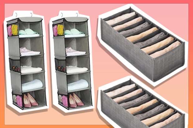9PR: Space-saving closet storage shelf and draw insert for separating clothes.