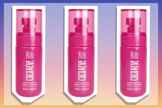 9PR: Coco and Eve Antioxidant Face Tanning Micromist on coloured background.