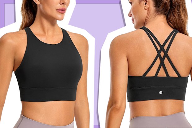 9PR: CRZ YOGA Women's Butterluxe Strappy High Neck Longline Sports Bra, Black