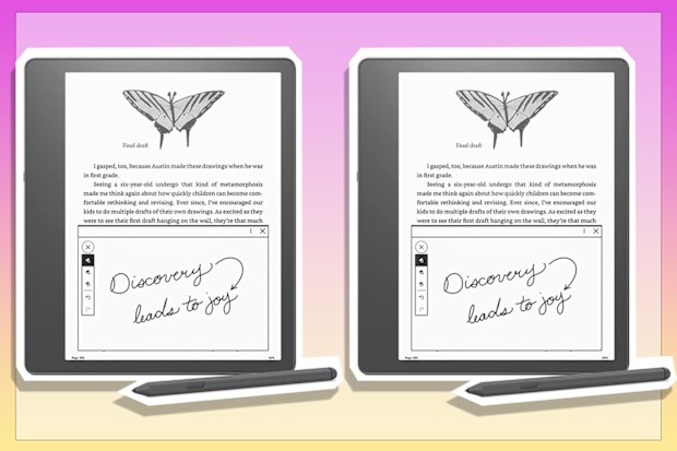 9PR: Kindle Scribe on a pink and yellow background.