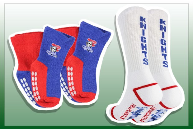 9PR: Newcastle Knights NRL Full Terry Sport Crew Socks and Newcastle Knights NRL Baby Infant Toddler Nonslip Crew Socks, two pack