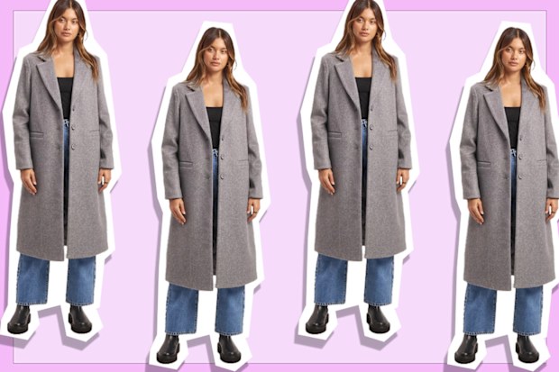 9PR: Aere Wool Blend Lapel Collar Textured Grey Marle Longline Coat