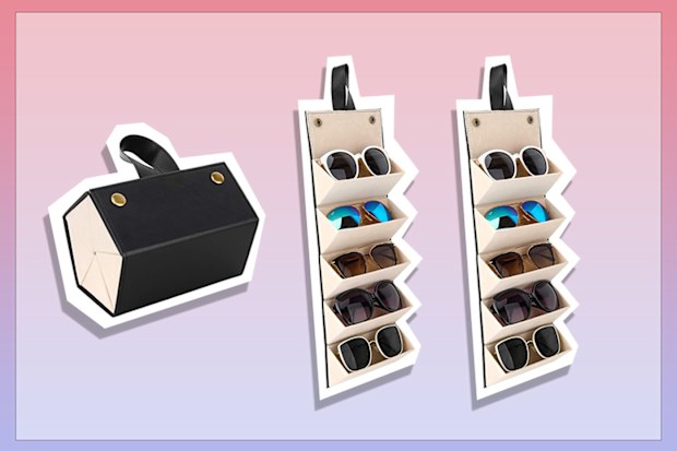 9PR: Glasses Organiser, Travel Foldable Sunglasses Storage Organizer for Multiple Glasses Case 5 Slots PU Leather Portable Eyeglasses Storage Box Hanging Eyewear Holder for Women and Men